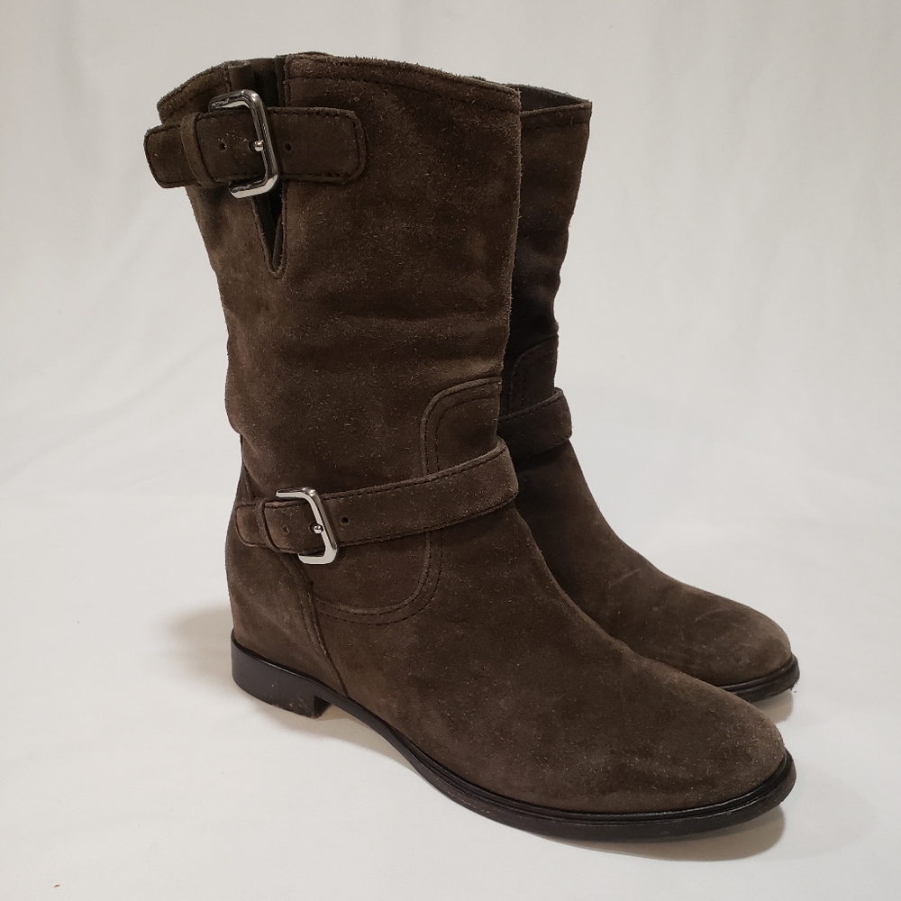 Prada Brown Suede Leather Buckle Mid Calf Boots